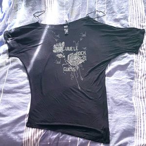 Guess Black Rock Studded Roses Asymmetrical Top [Size L] 🥀